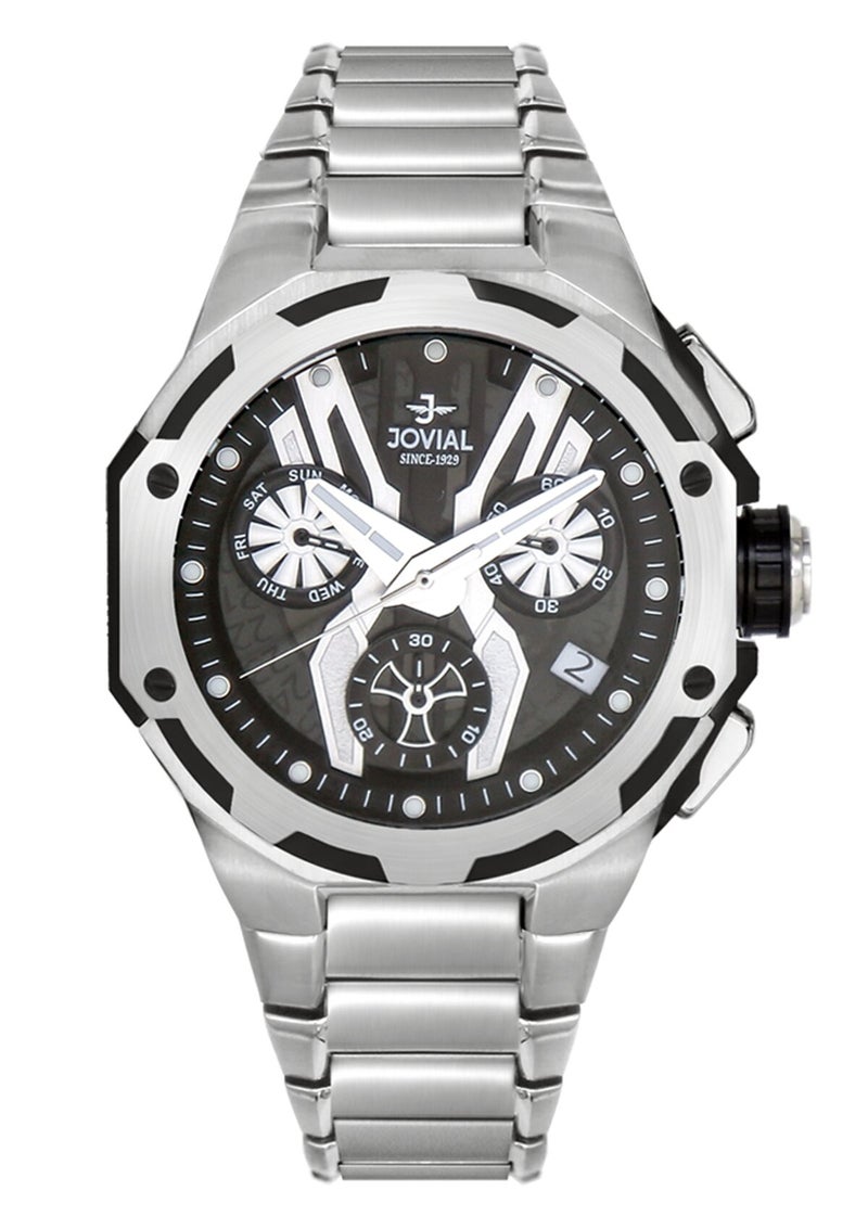 JOVIAL 1534 GSMC 03 E Men's Multifunction Watch, Day and Date, Black Dial, Quartz, , Metal Band,43mm - Image 1